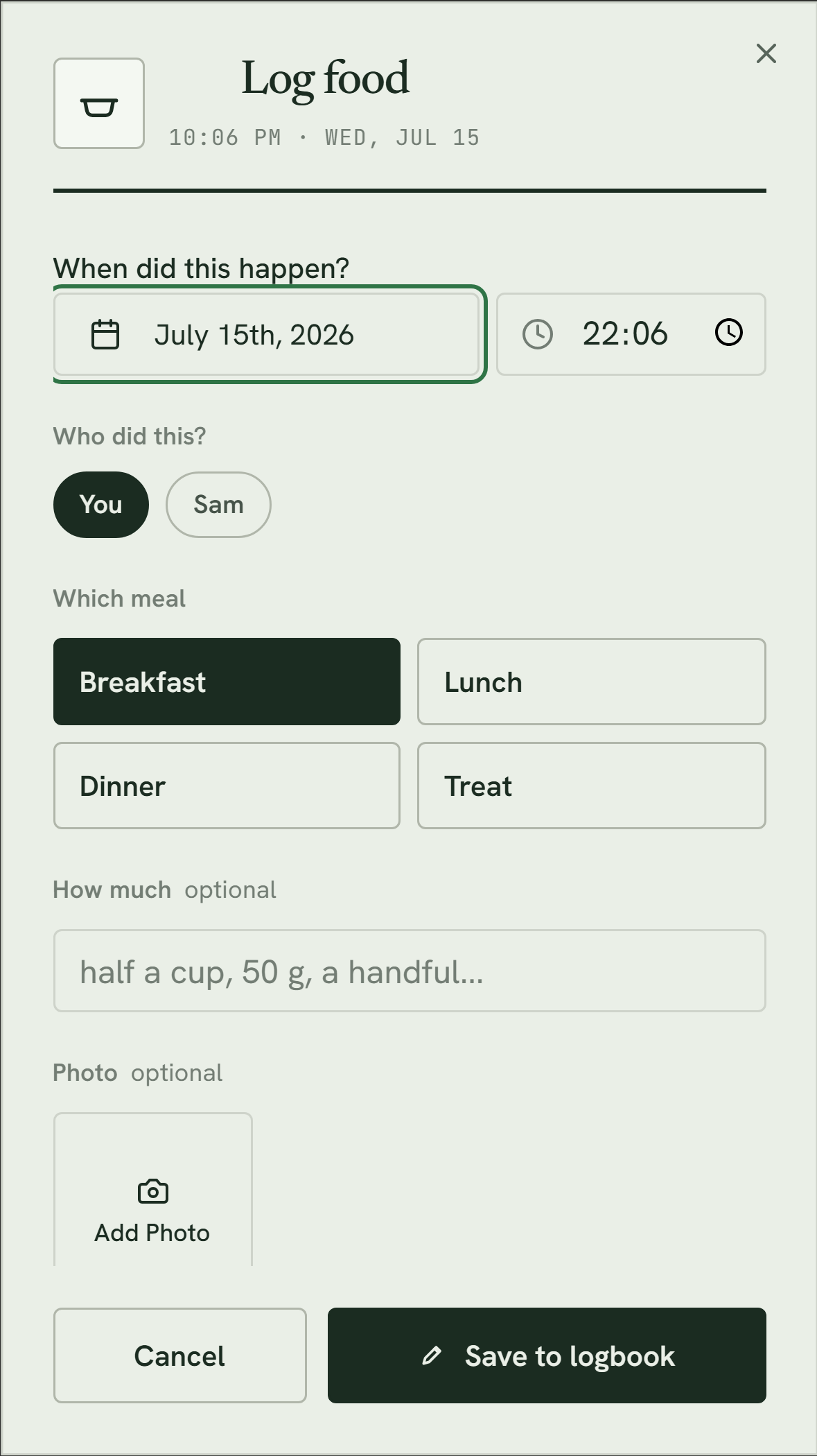 Logging a meal in PawLog and choosing who did it, You or Sam