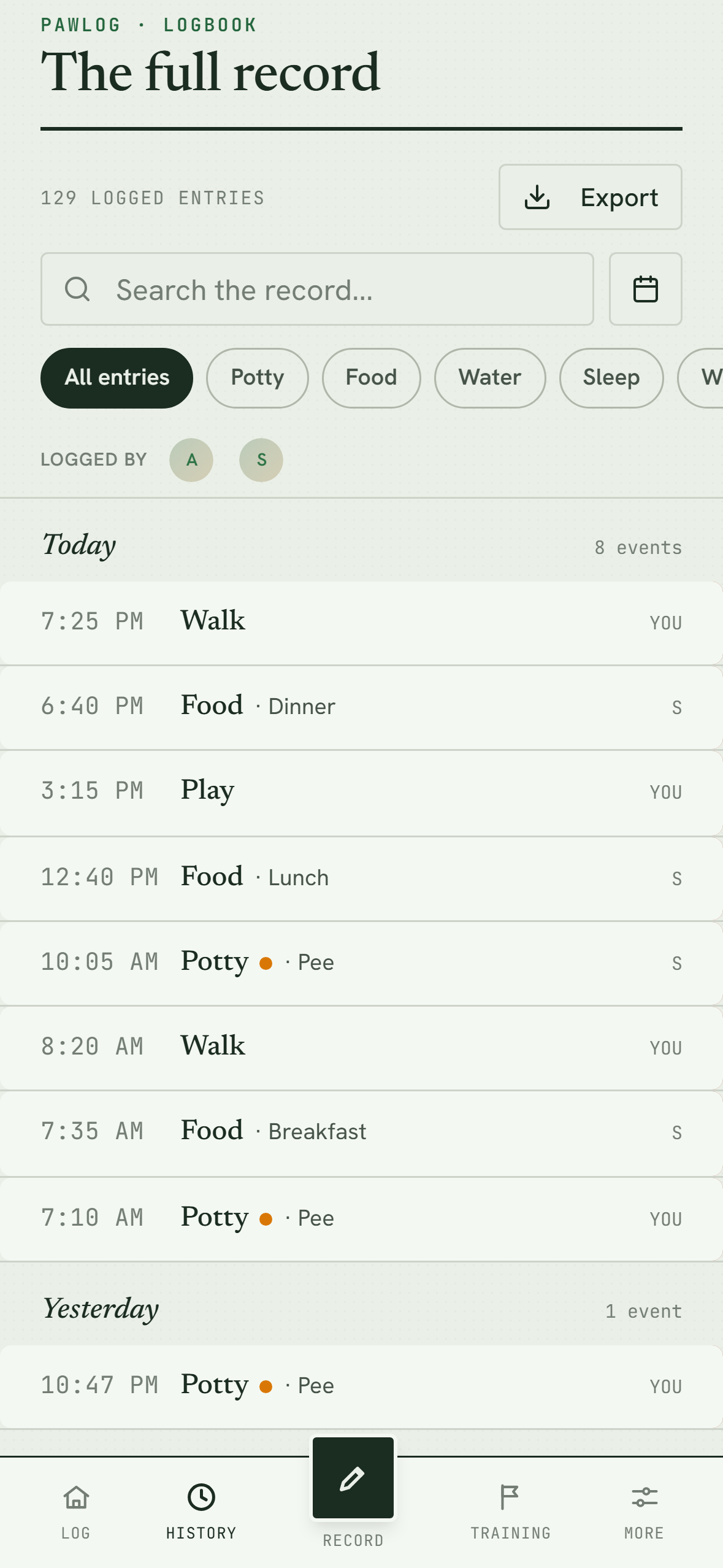 The PawLog logbook: every entry timestamped and attributed to the person who logged it